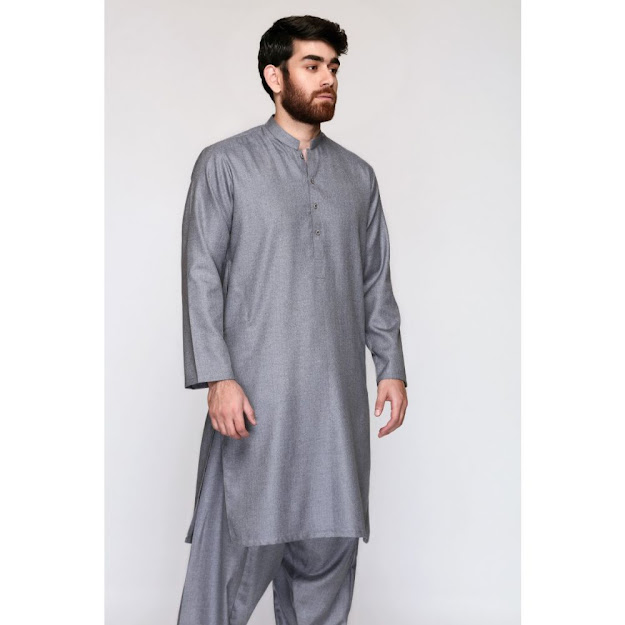 Men's winter Grey Colour shalwar kameez in silver