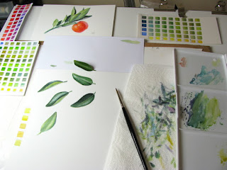 Artist desk with colour charts and watercolour studies of a leaf