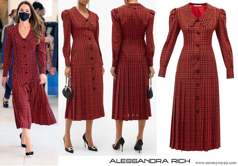 Kate Middleton wore Alessandra Rich Red Pleated Houndstooth Silk Midi Dress