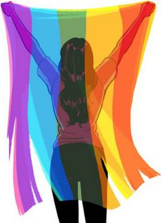 A lesbian holding a multi colored flag for her sexual orientation symbolism