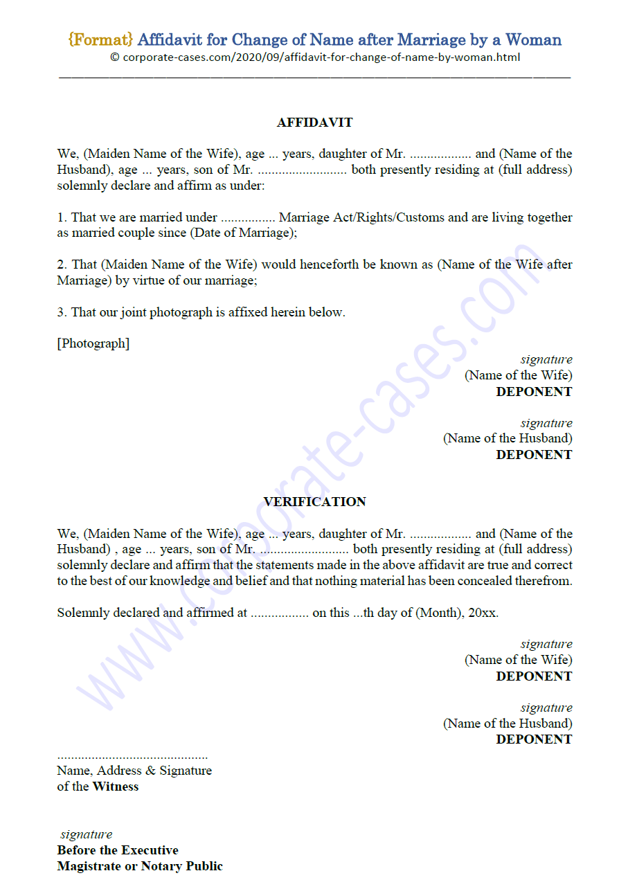 Draft Affidavit For Change Of Name After Marriage By A Woman