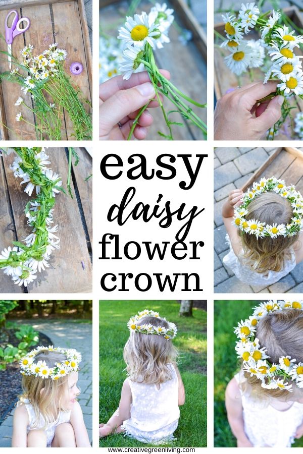 Step by step tutorial for how to make a flower crown from daisies. The DIY tutorial shows you how to make a daisy chain from wildflowers. This same technique works to make a flower headband or flower crown from any soft stemmed flower like daisies, dandelions or other wildflowers. #daisycrown #daisychain #flowercrown #naturecrafts