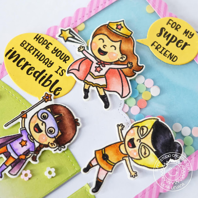 Sunny Studio Stamps: Super Duper Fluffy Clouds Border Frilly Frames Comic Strip Speech Bubbles Dies Super Hero Themed Shaker Card by Lexa Levana Sunny Studio Stamps: Super Duper Fluffy Clouds Border Frilly Frames Comic Strip Speech Bubbles Dies Super Hero Themed Shaker Card by Lexa Levana