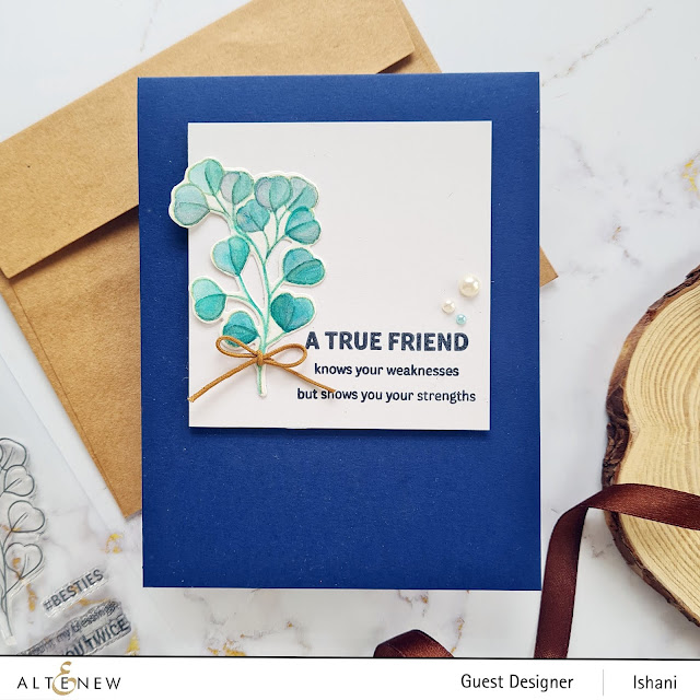 Clean and simple Masculine card, No line watercolroing leaves, Altenew Rustic charm reease, Altenew True friends stamp set, Altenew giveaway, Altenew Video hop, Ishani's cards, Clean and simple Masculine card, Quillish