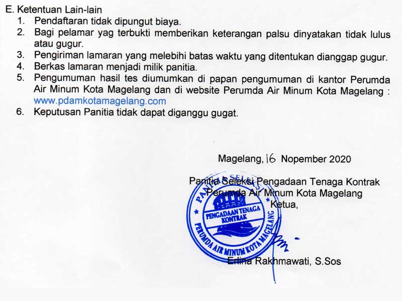 Lowongan Kerja Perusahaan Umum Daerah Air Minum Kota Magelang Tingkat