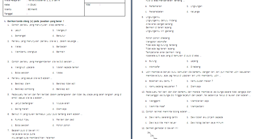 Soal PAS Kelas 2 SD/MI Tema 5