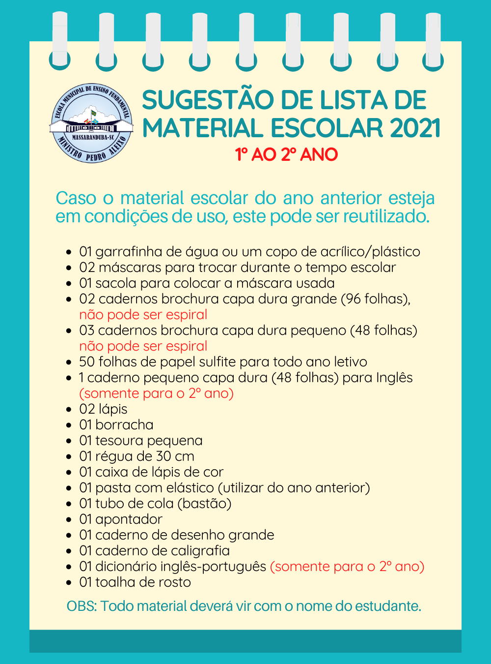 SUGESTÃO DE LISTA DE MATERIAL ESCOLAR 2021