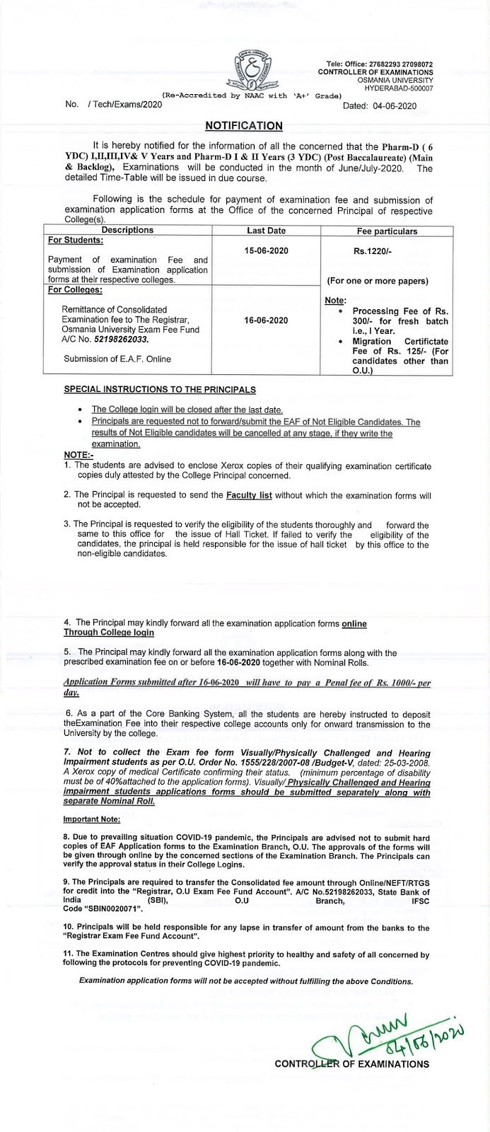 osmania university pharm.d 1st to 5th years main, backlog june 2020 fee notification