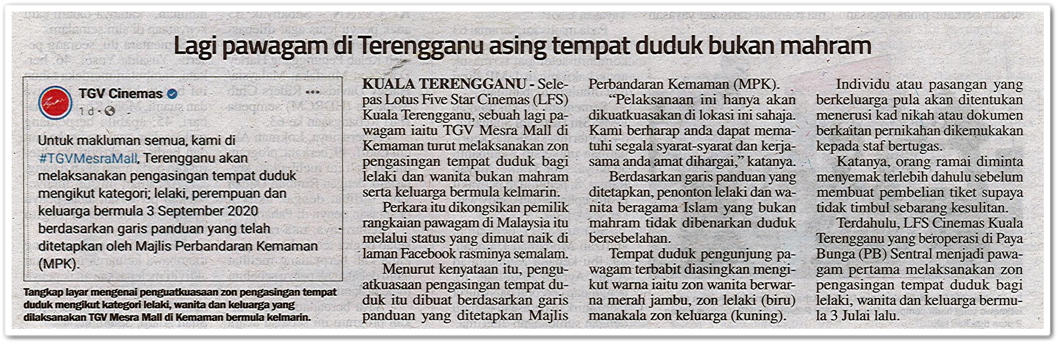 Lagi pawagam di Terengganu asing tempat duduk bukan mahram - Keratan akhbar Sinar Harian 5 September 2020