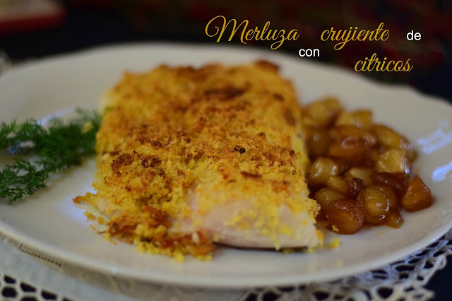 Merluza con crujiente de cítricos y cebollitas caramelizadas al cava