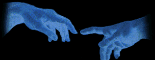 Fragmento estilizado das mãos que se aproximam em A Criação de Adão, afresco de Michelangelo. #PraCegoVer