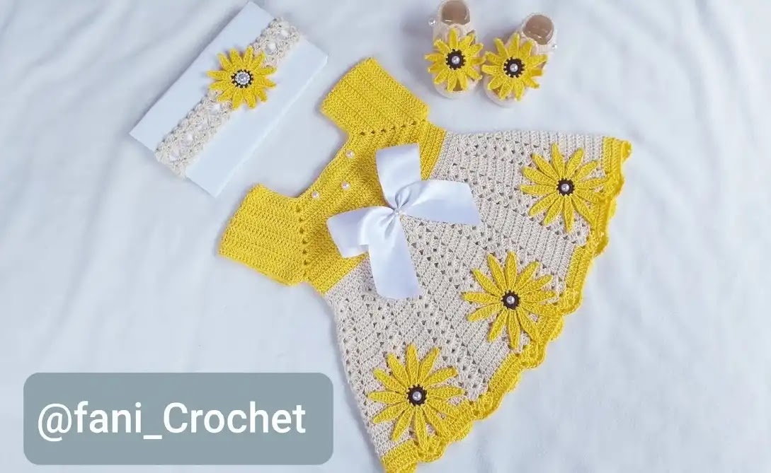 204. Conjunto Vestido y Vincha de Bebé a Crochet - Modelo Ángela