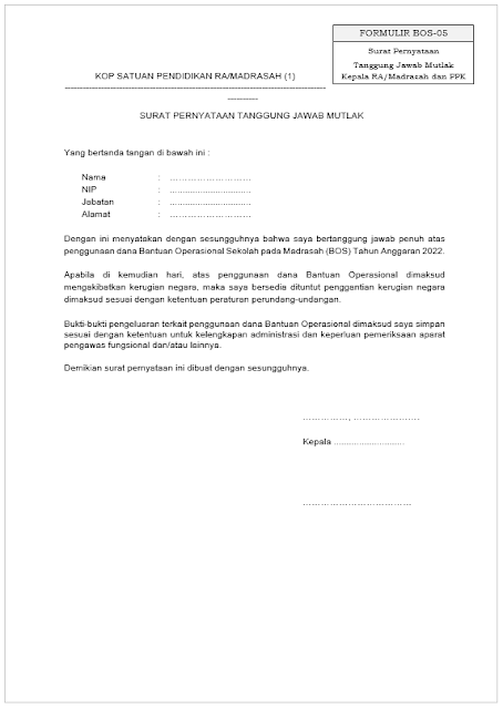 Download Format BOS-05 Surat Pernyataan Tanggung Jawab Mutlak (SPTJM) Kepala Madrasah dan PPK