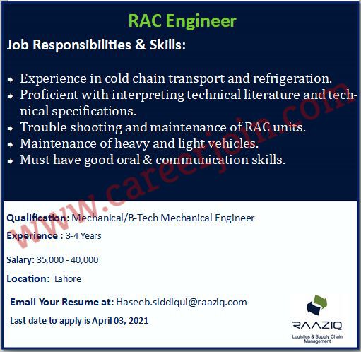 Raaziq International Jobs RAC Engineer 2021