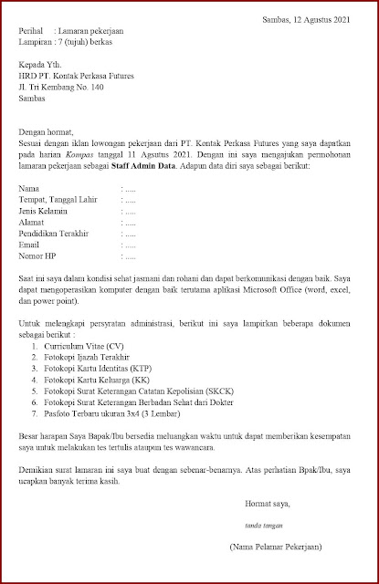 Contoh Surat Lamaran Kerja Untuk Staff Admin Data (Fresh Graduate) Berdasarkan Informasi Dari Media Cetak Contoh Application Letter Untuk Staff Admin Data (Fresh Graduate) Berdasarkan Informasi Dari Media Cetak
