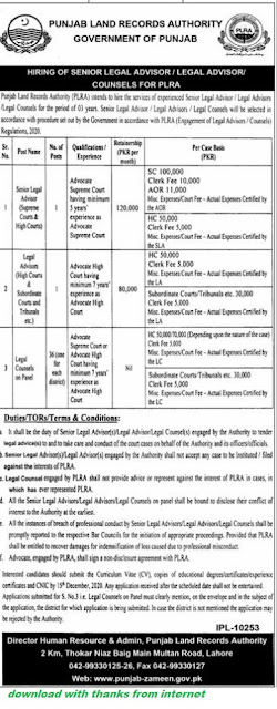 Punjab Land Record Authority (PLRA) Latest jobs 2020