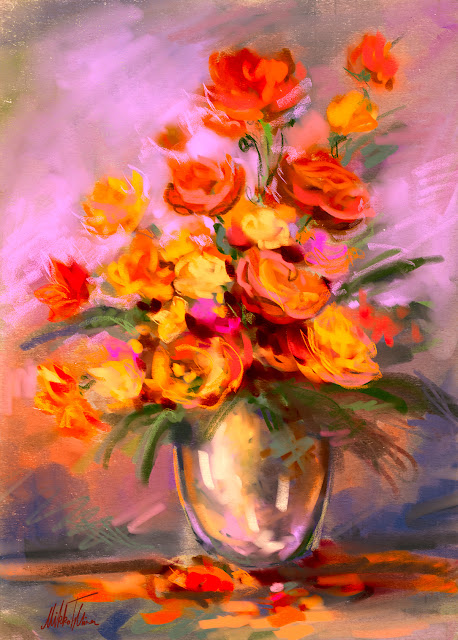 Red flowers in vase digital still life painting by Mikko Tyllinen