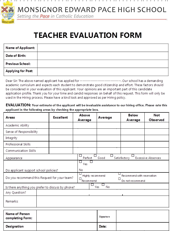 How to Evaluate Teacher Performance in School TEACHER EVALUATION FORM