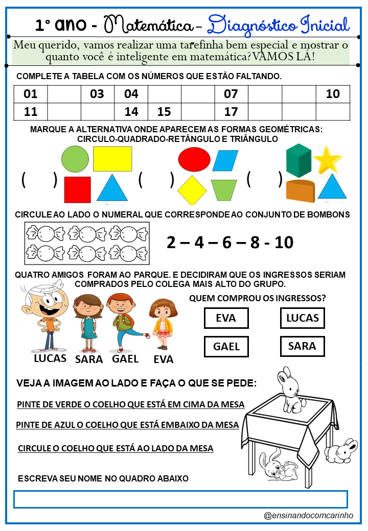 Diagnóstico Inicial de matemática para o 1º ano do ensino fundamental