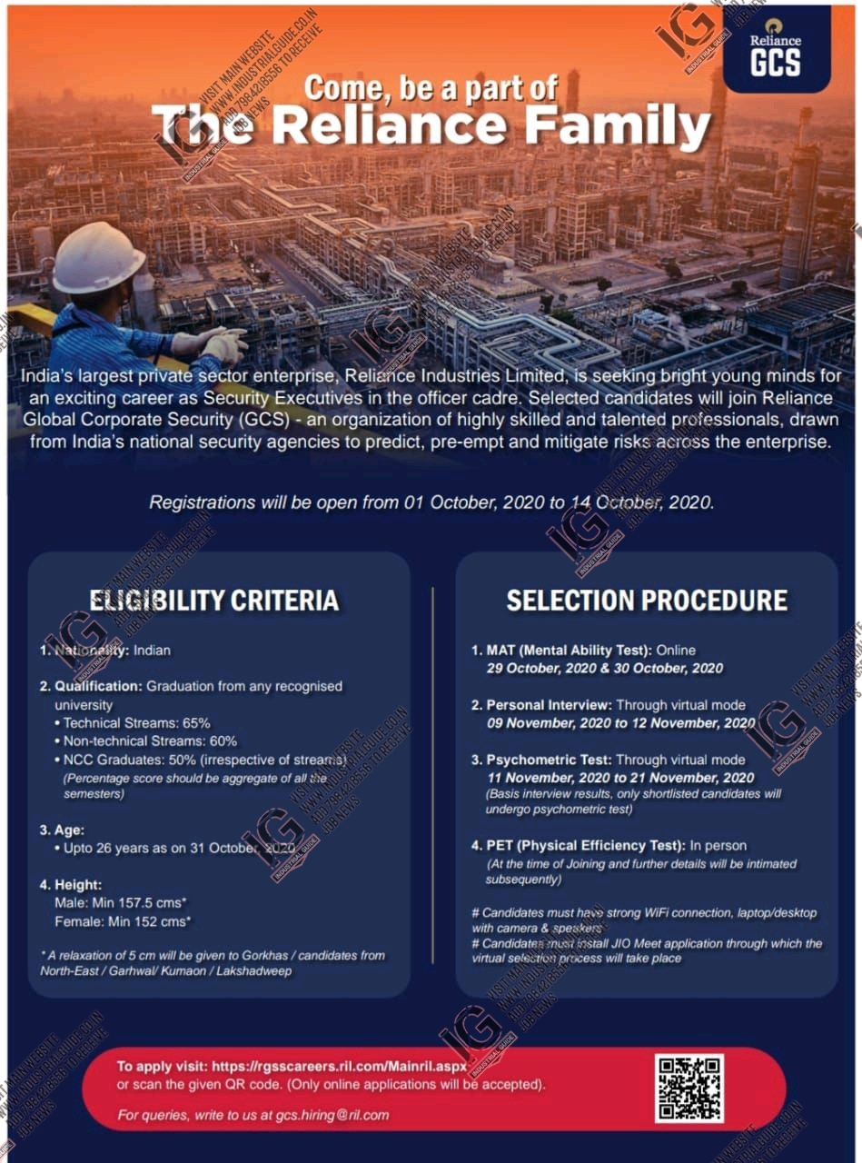 Reliance Industries jobs for Bsc B.E B.tech Graduate apply now last Date 14th October 2020