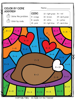 Thanksgiving Color By Number Math Facts Practice Addition turkey 2 colored