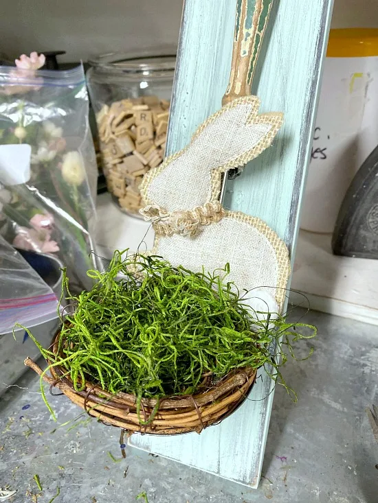 Vintage Ladle Bunny Nest for Spring with green moss