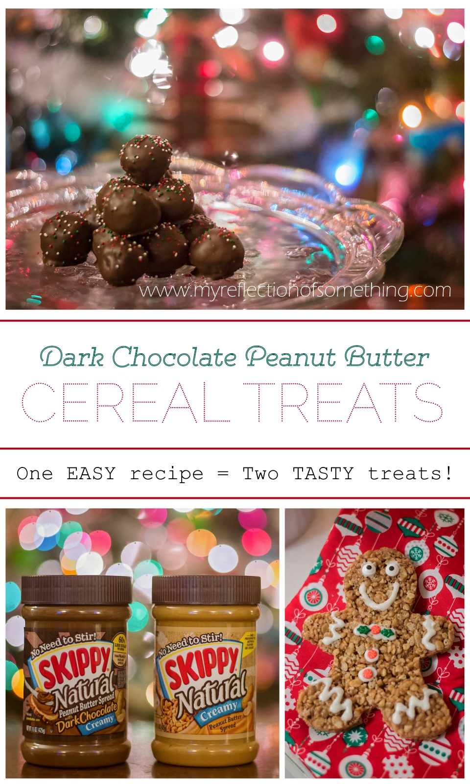 These quick and easy dark chocolate peanut butter cereal treats are the perfect choice for the holidays! One simple recipe gets you two fun and tasty desserts perfect for sharing! Add these to your Christmas cookie list, and grab a coupon for SKIPPY Natural to save on ingredients! #spon #SKIPPYYIPPEE