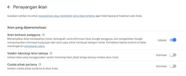 Blokir personalisasi iklan Cara Meningkatkan CPC dan RKT Google Adsense