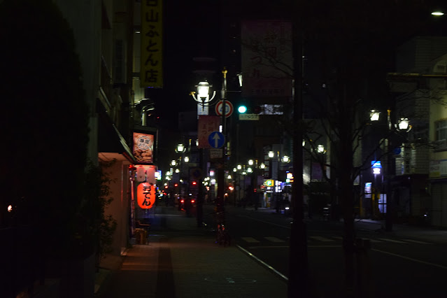 Tenma-cho dori in Shizuoka city after dark. You can see a lantern which reads "oden" and shop signs in the distance
