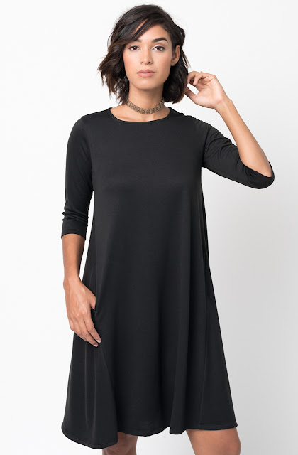 Black Pocket Terry A Line Dress Swing Long Sleeve Crew Neck 