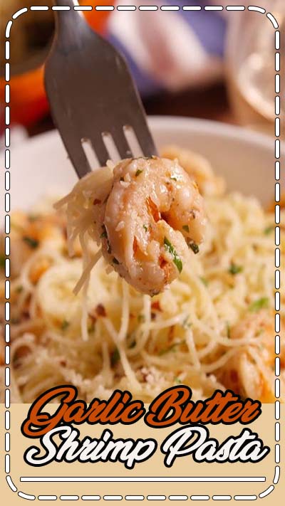 Impress your friends with this super easy recipe for garlic butter shrimp angel hair from Delish.com.