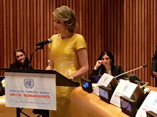 Queen Mathilde met with UN Secretary-General Ban Ki-moon.  Children, Not Soldiers - United Nations conference, New York. Queen wore Natan Dress