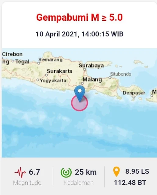 Gempa bumi berkekuatan 6,7 magnitudo mengguncang Kabupaten Malang