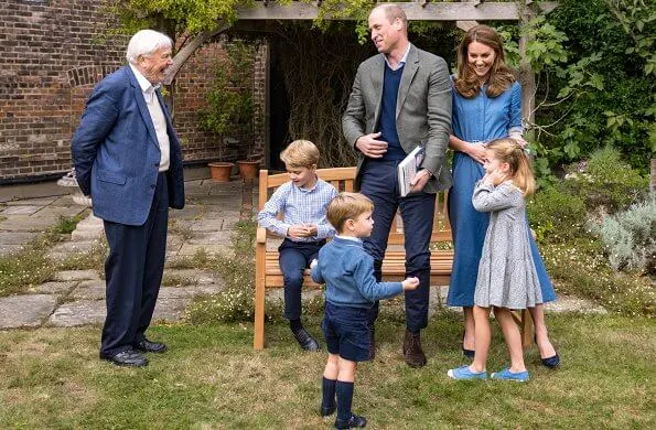 Kate Middleton wore a belted denim midi shirt dress by Gabriela Hearst. Princess Charlotte,  Prince Louis. Prince George wore a shirt by Trotters