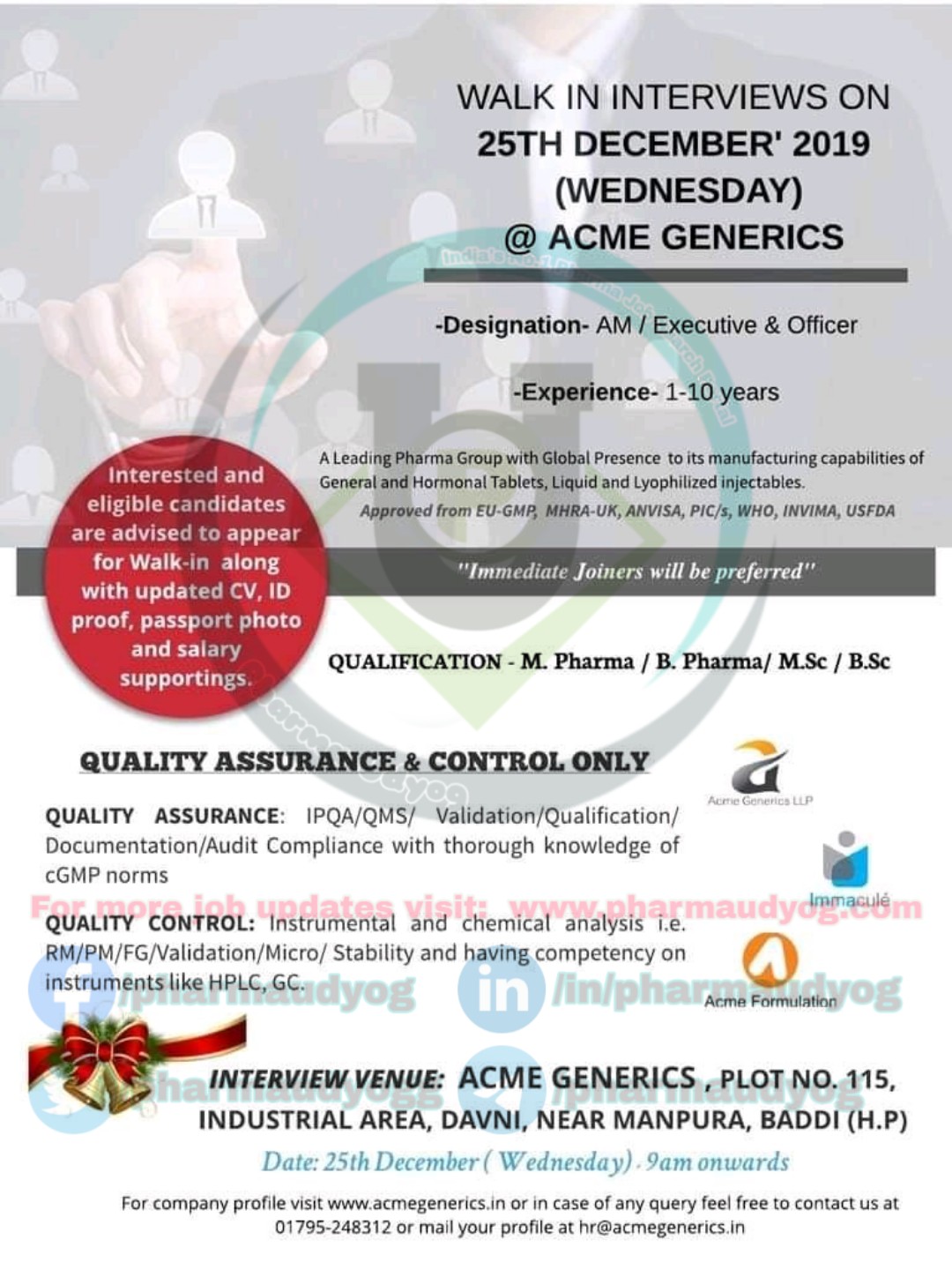 Acme generics Walkin for QC&QA on 25 Dec 2019 Pharma Jobs in Baddi