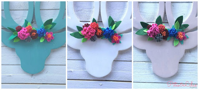 CABEZAS DE CIERVO DE MADERA CON CORONA DE FLORES DE FIELTRO CABEZAS DE CIERVO DE MADERA CON CORONA DE FLORES DE FIELTRO