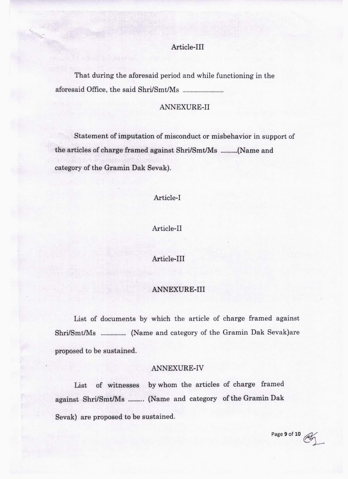 Standard format for issue of charge sheet under Rule 10 to GDS for