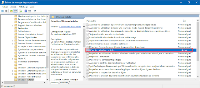 Empêcher les utilisateurs d'installer des logiciels dans Windows 10 Mots-clés : Empêcher, interdire, utilisateurs, installation, logiciels, Windows 10, sécurité, administration, stratégie local, configuration, désactiver, Windows installer.