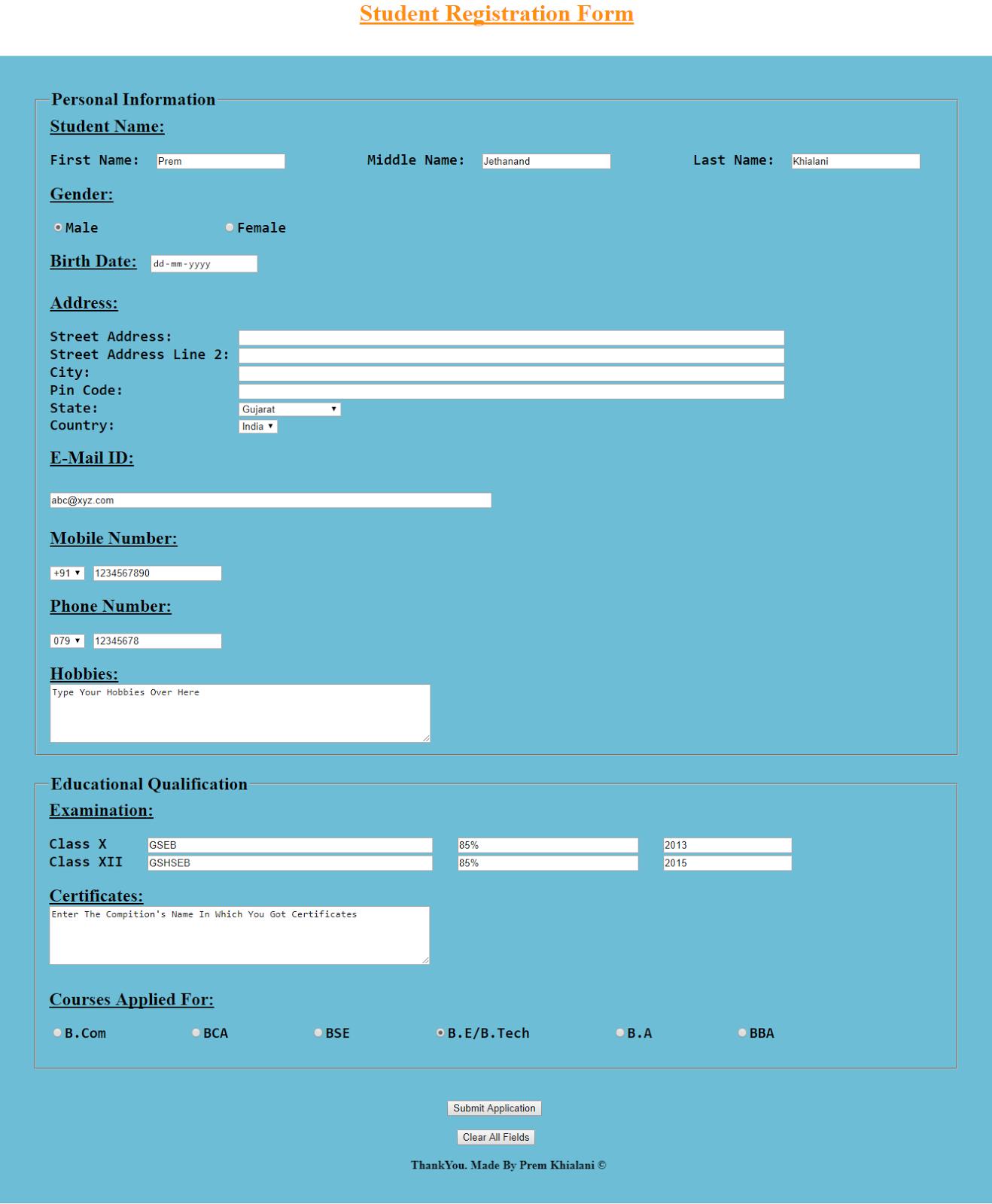 Design The Student Registration Form Using HTML