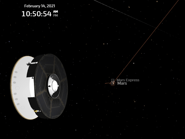 A computer-generated screenshot showing the Mars 2020 spacecraft's current position from the Red Planet...on February 14, 2021. A computer-generated screenshot showing the Mars 2020 spacecraft's current position from the Red Planet...on February 14, 2021.