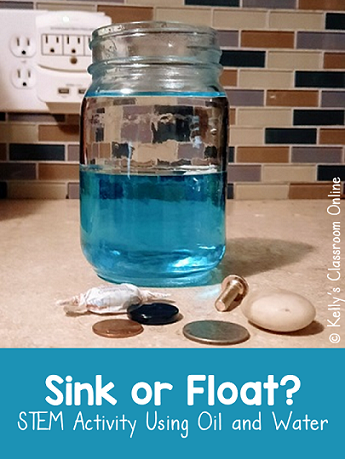 Sink or float science and STEM activity using small objects, oil and water. Free record sheet provided in blog post. #kellysclassroomonline