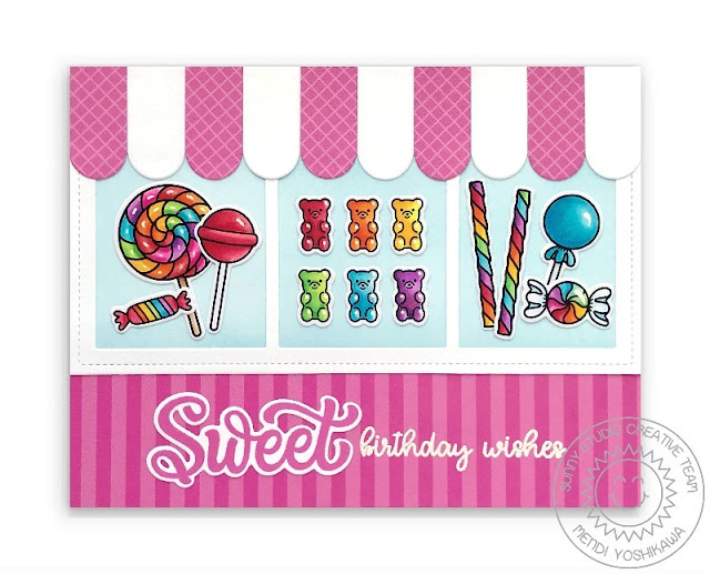 Sunny Studio: Sweet Shop Window Card (using Candy Shoppe & Happy Thoughts Stamps, Comic Strip Everyday Dies, Sweet Treat Bag Dies, Classic Gingham & Sleek Stripes Paper)