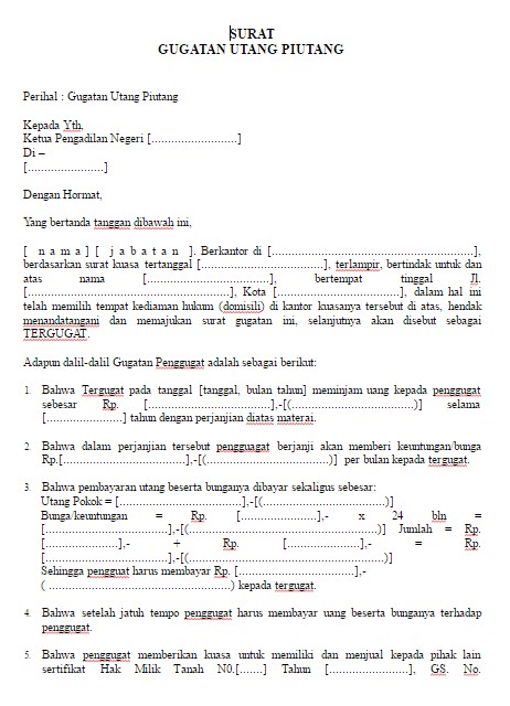 Contoh Surat Gugatan Utang Piutang Lekap Dengan File Word 