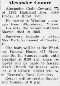 "Windsor District Obituaries - Alexander Coward," The Windsor Star, 7 Oct 1961, p. 12, col. 3; digital images, Newspapers (www.newspapers.com : accessed 29 Apr 2020).