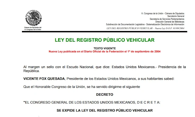 Inicio de Ley Registro Publico Vehicular en Mexico