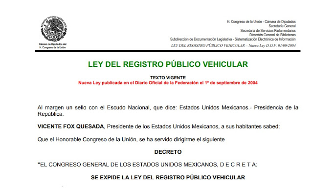 Inicio de Ley Registro Publico Vehicular en Mexico Inicio de Ley Registro Publico Vehicular en Mexico