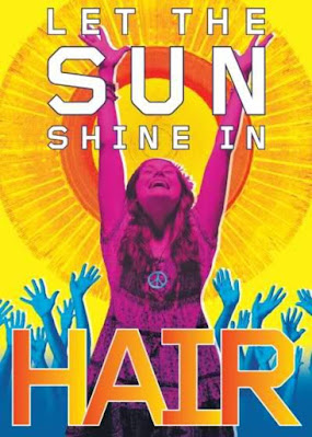 Hair Let the Sun Shine In poster pink woman foreground on yellow background with blue hands lifted