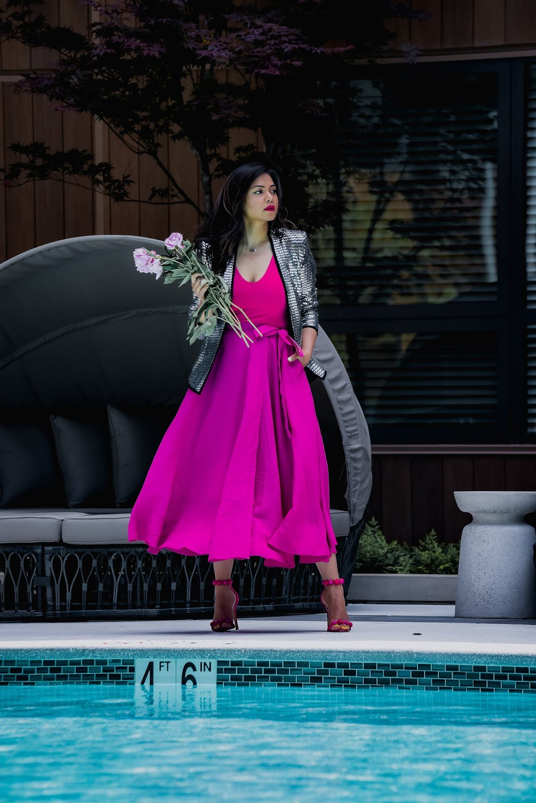 pink on pink outfit, metallic silver jacket, statement party jacket, wedding outfit, wedding guest, portrait photography, dc blogger, street style Hm ponk skirt, myriad musings, saumya shiohare pink on pink outfit, metallic silver jacket, statement party jacket, wedding outfit, wedding guest, portrait photography, dc blogger, street style Hm ponk skirt, myriad musings, saumya shiohare