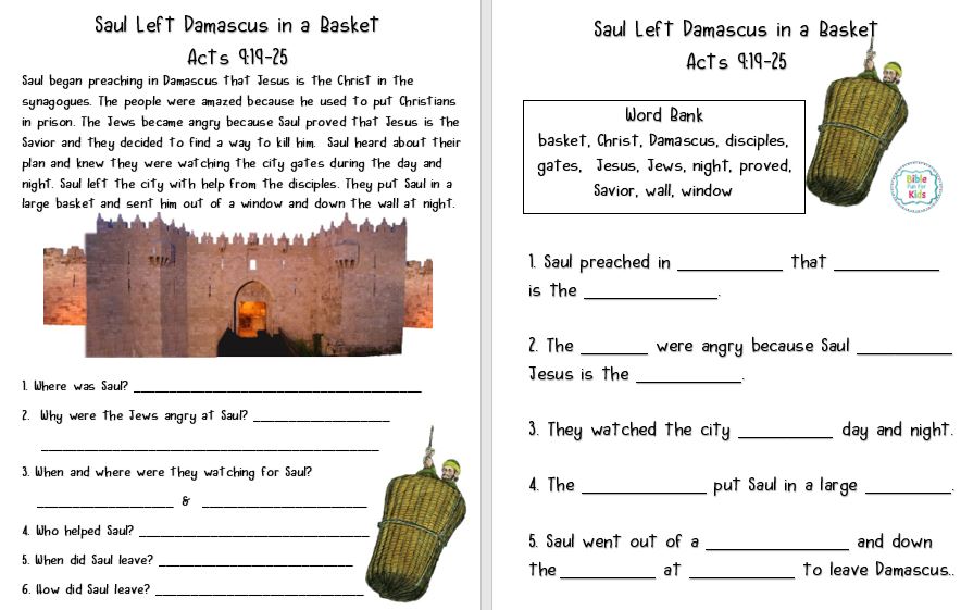 Saul Left Damascus in a Basket Bible Fun For Kids