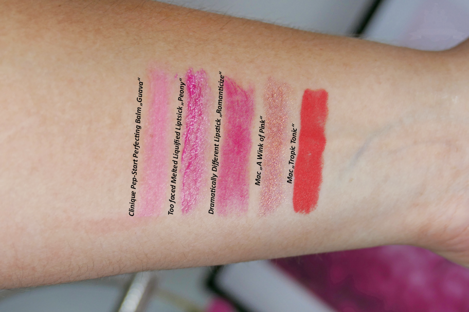 Clinique Guave, Romanticize, Too Faced Frosting, Mac Wink of Pink, Tropic Tonic Swatches
